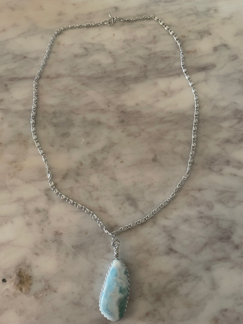 Handcrafted Larimar Teardrop Pendant Necklace - Silver Tone